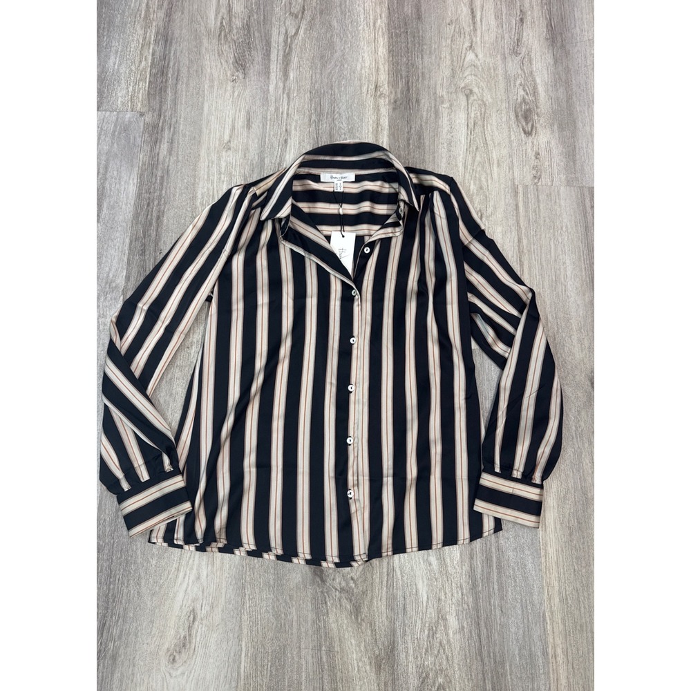 Haver & Blair London Womens Striped Button Down Blouse Black Beige Tan Small NEW